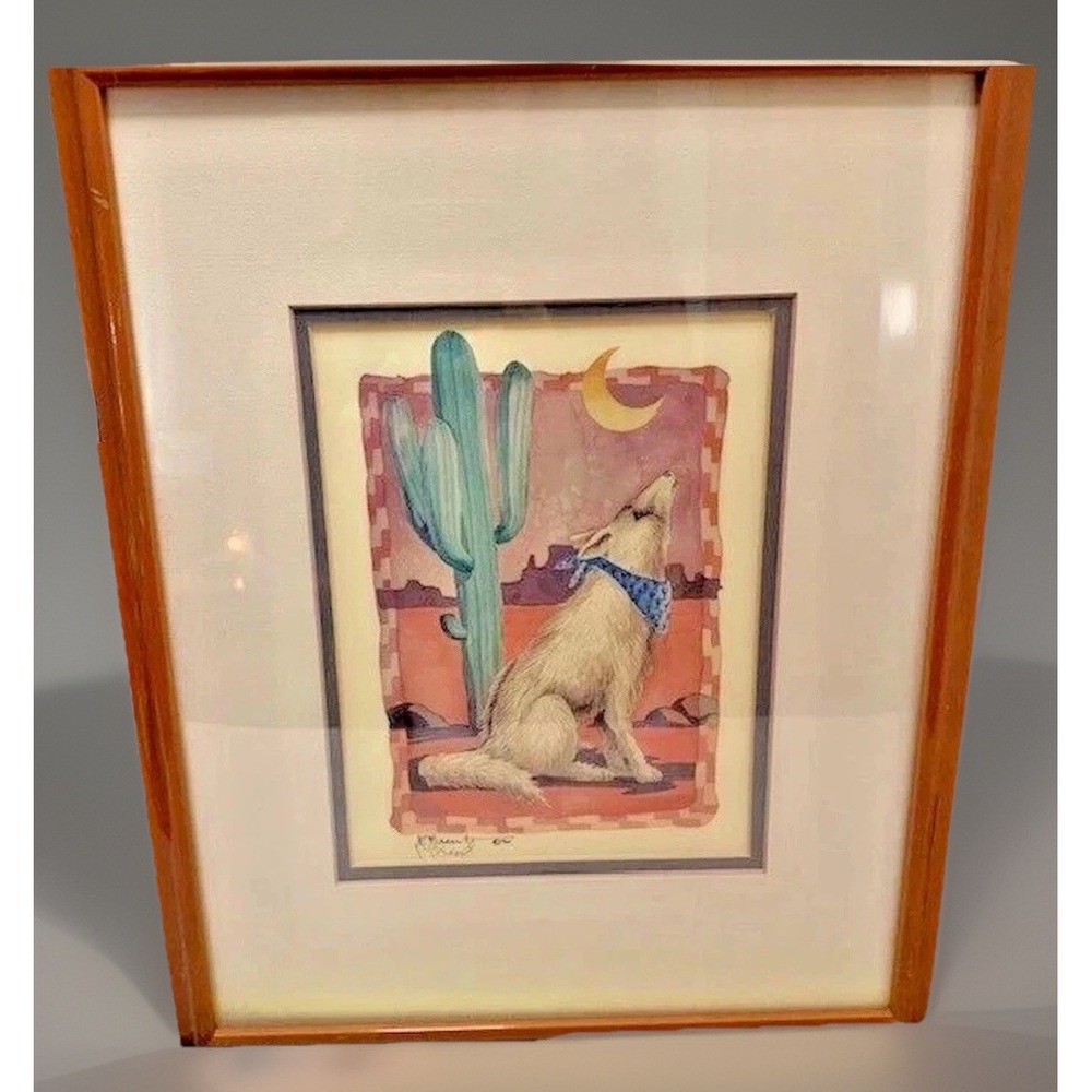 Vintage Wall Art Paul Brent Coyote Framed Signed Print Southwest Desert Retro